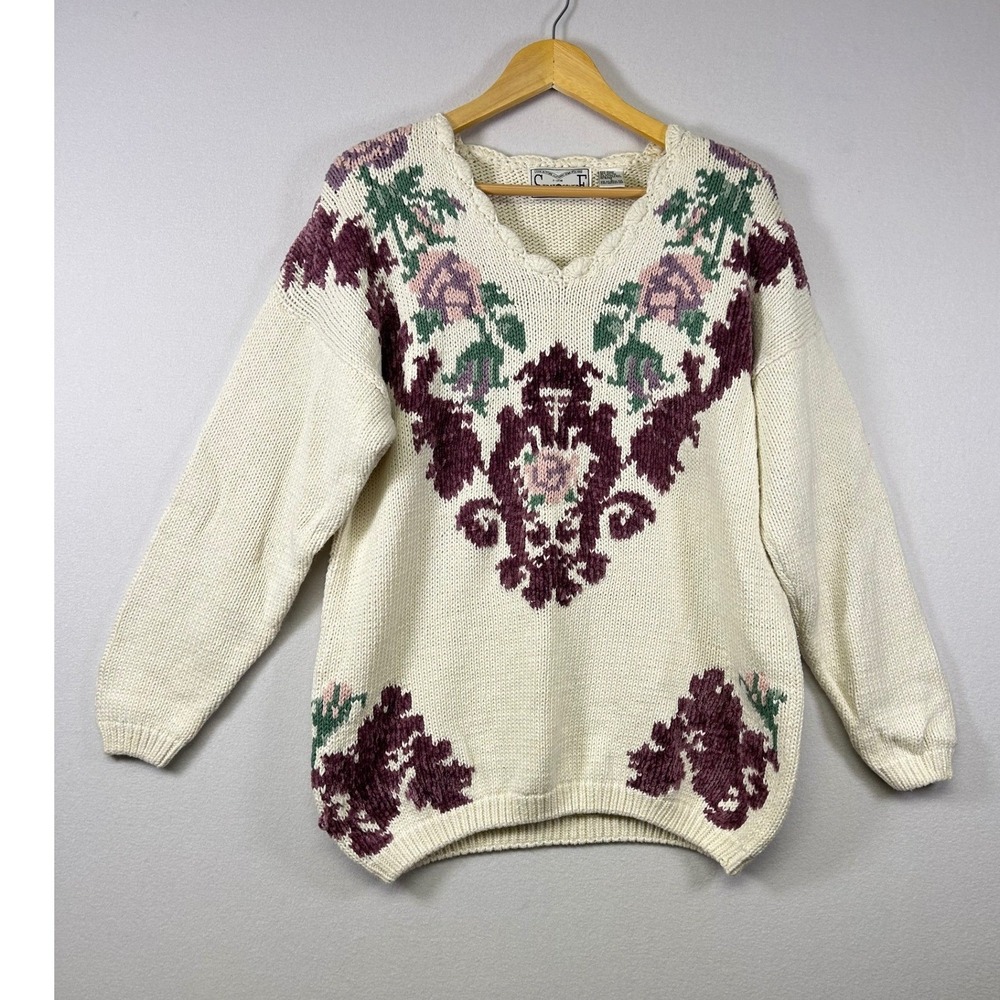 Vintage Chunky Knit Stratosphere Floral Sweater Womens Large Ramie Cotton Knit L